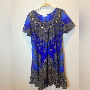 Lapogee‎ Shift Ruffle Dress Size Medium Lightweight Blue Gold Indian Boho Chic